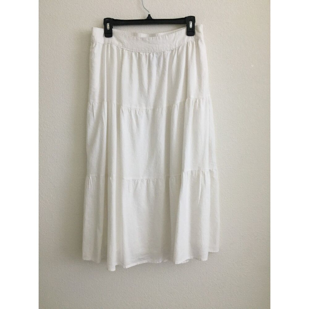 Matty M White Linen Blend Tiered Midi Skirt Size L Elastic Waist Pockets Lined